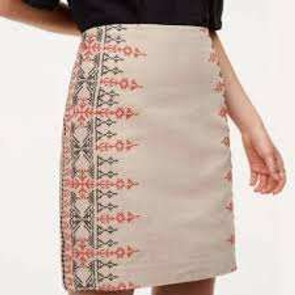 Ann Taylor Loft Short Skirt Straight Cut Cotton Linen Embroidered Boho Size 2‎